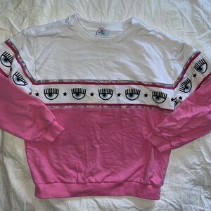 Chiara Ferragni White and Pink Eye Logo Crewneck Sweatshirt